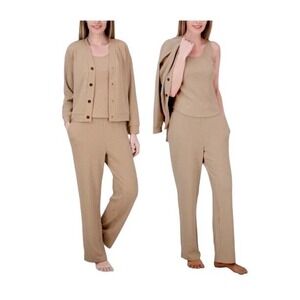 NWT Live 2 Lounge Womens 3-Piece Textured Lounge Set Tan XL Cardigan Tank Pants